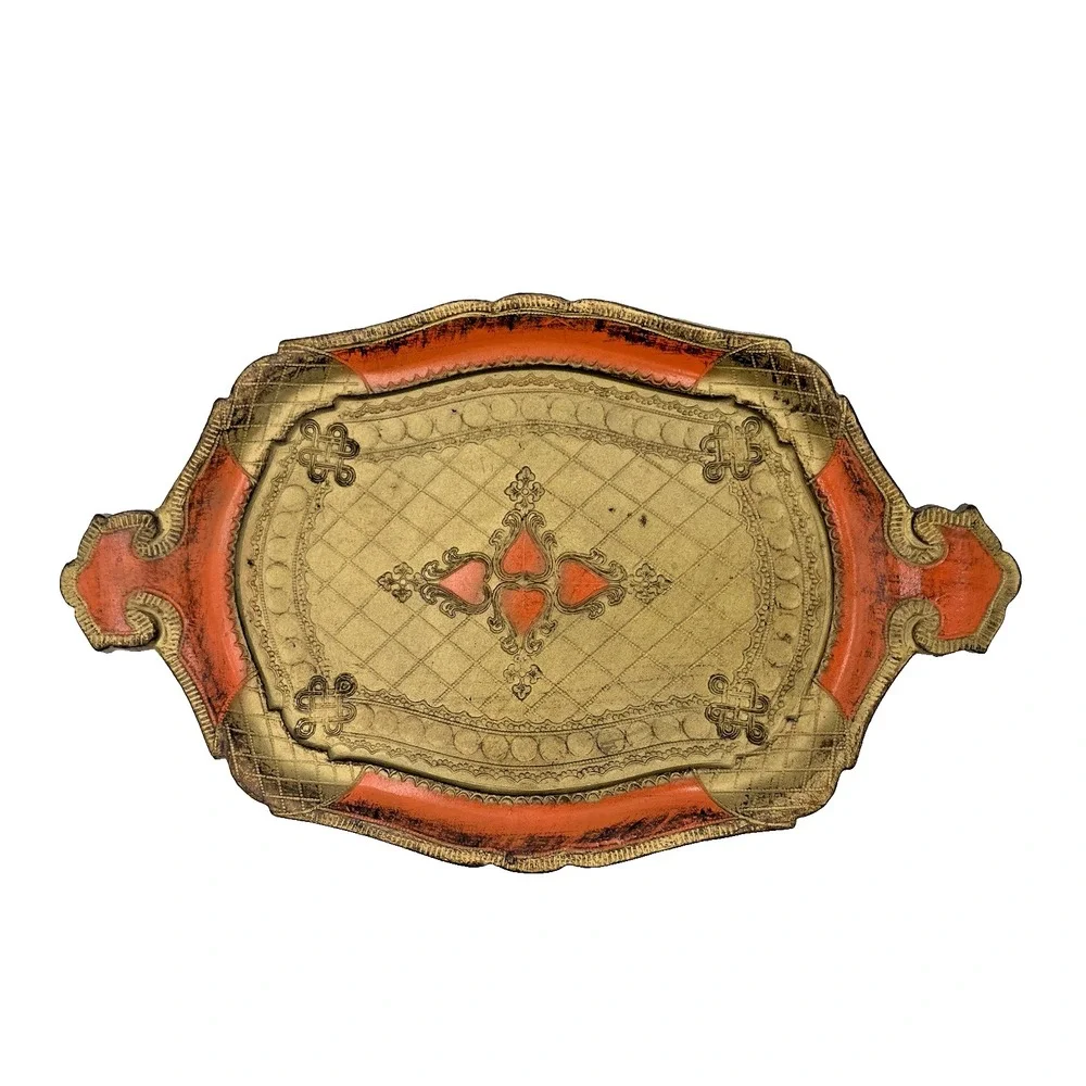 Vintage Italian‎ Florentine Gilt Toleware Orange Gold 9x14